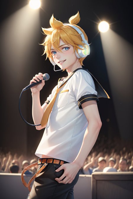 00025-3482401576-(masterpiece, best quality_1.2), , cowboy shot, solo, male focus, 1boy, kagamine len, smile, looking at viewer, headphones, whit.jpg